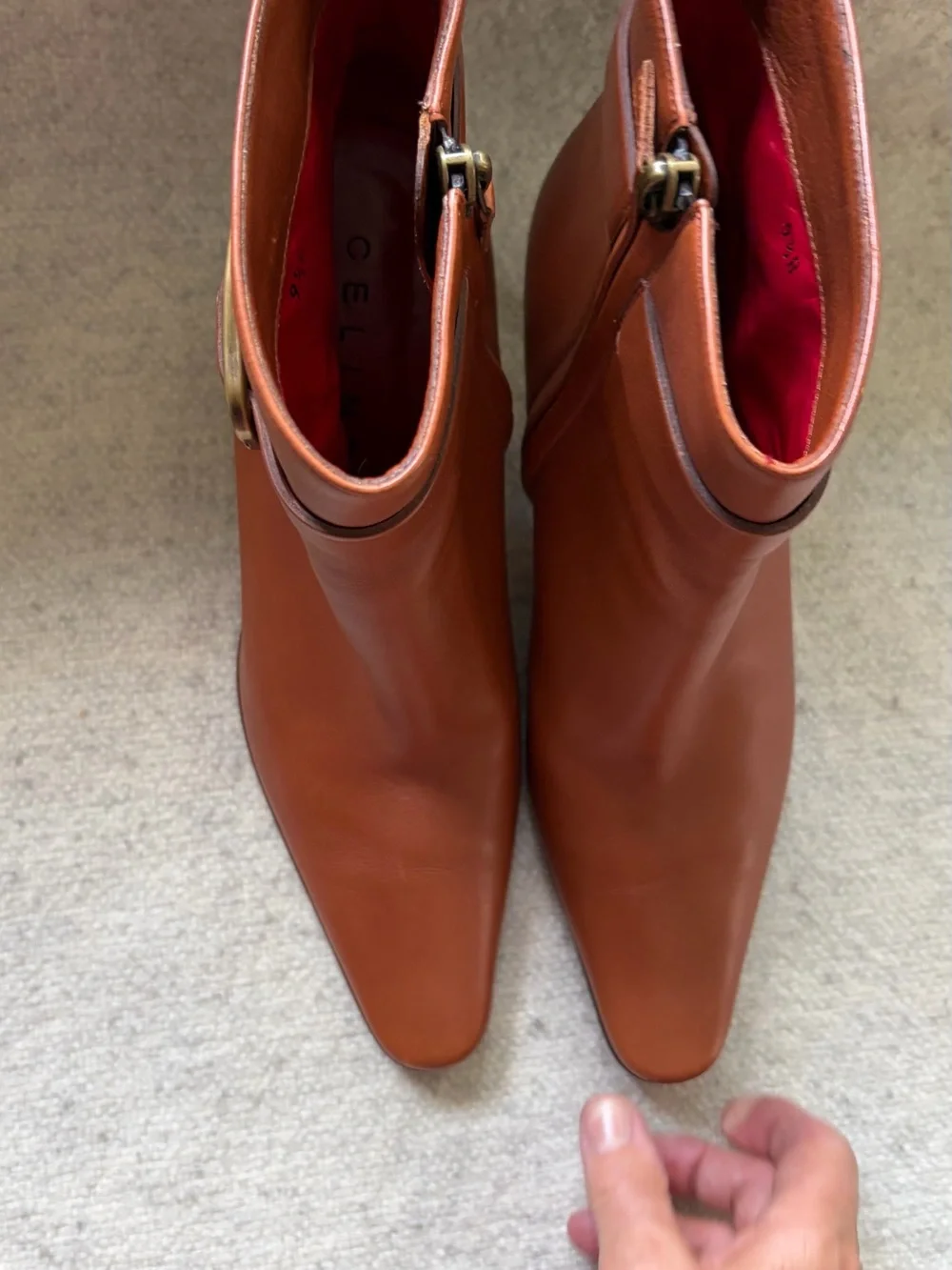 Celine Cognac Leather Pointed Ankle Booties with Buckle